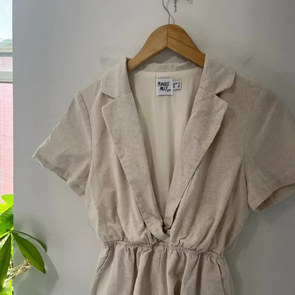 Princess Polly Cream Plunge Neck Short Sleeve Romper Size 4